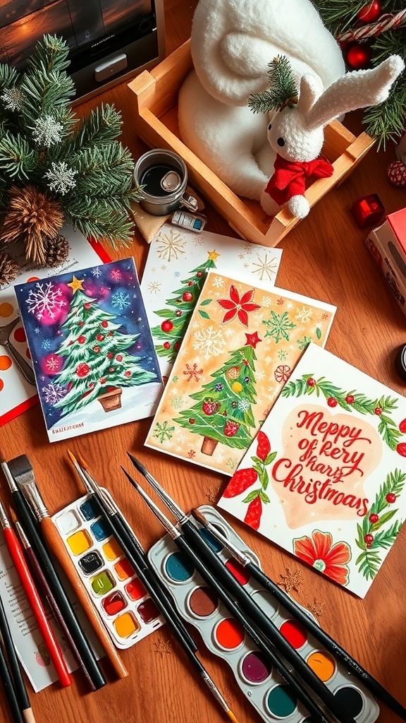 Hand-painted Christmas cards with festive designs on a crafting table.